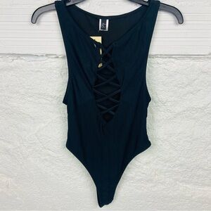 NWT RIS-K black deep V crisscross high cut sexy one piece swimsuit size small